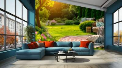 Cozy green garden lawn with wooden furniture, soft colorful pillows and blankets, sunshade and flowering plants. Charming sunny evening in summer garden. Wall mural