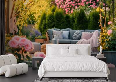 Cozy wooden terrace with rustic wooden furniture, soft colorful pillows and blankets, decorations and flower bushes. Charming sunny evening in summer garden. Wall mural