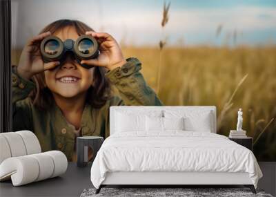 cute little child looking through binoculars on sunny summer day. young kid exploring nature. family Wall mural