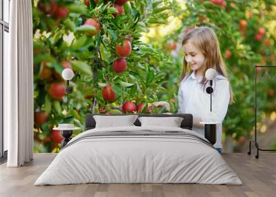 Cute little girl picking apples in apple tree orchard Wall mural