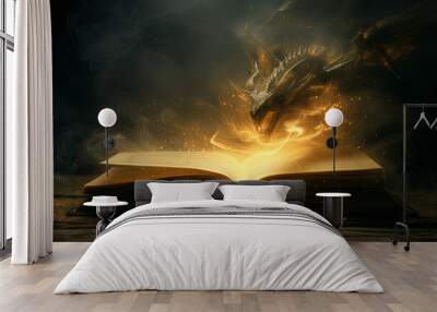 Fairytale book about mystical creatures and magical adventures. Golden dragon made of light particles floating above the pages of fantasy story. Encouraging kids to read books. Wall mural