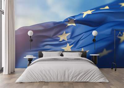 Flag of European Union waving in the breeze against a sunset sky. Banner with EU flag. Wall mural