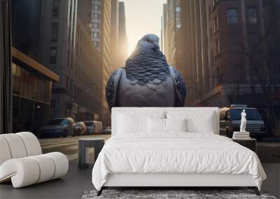 Giant huge enormous pigeon walking city street on busy morning. Wall mural