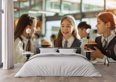 Group of cheerful teenage kids sitting at the table in school cafeteria. Young students having food during lunch break in dining hall. Wall mural