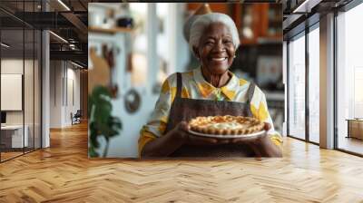 Happy cheerful senior woman holding freshly baked pie on her sunny kitchen. Grandma baking desserts for her grandchildren. Wall mural