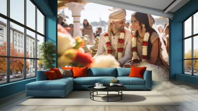 Indian bride and groom at amazing hindu wedding ceremony. Details of traditional indian wedding. Beautifully decorated hindu wedding accessories. Indian marriage traditions. Wall mural