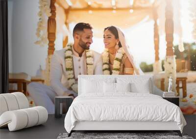 Indian bride and groom at amazing hindu wedding ceremony. Details of traditional indian wedding. Beautifully decorated hindu wedding accessories. Wall mural