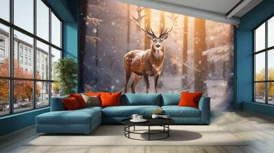 Mystic Christmas reindeer in wonderful winter forest. Stag among snowy trees on magical Christmas evening. Wall mural