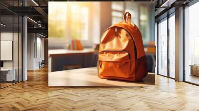 Orange school backpack on a table in classroom on sunny morning. Back to school concept. Wall mural