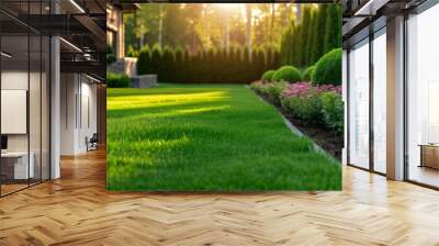 Perfect manicured lawn and flowerbed with shrubs in sunshine, on a backdrop of residential house backyard. Wall mural