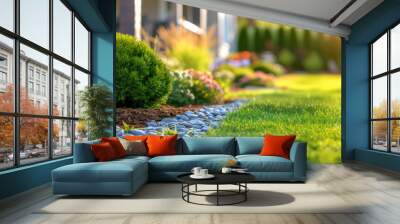 Perfect manicured lawn and flowerbed with shrubs in sunshine, on a backdrop of residential house backyard. Wall mural