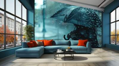 Person wearing raincoat withstanding strong wind and heavy rain in a city street. Extreme weather conditions. Wall mural