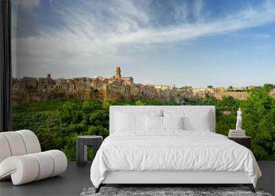 Pitigliano town, located atop a volcanic tufa ridge, known as the little Jerusalem, surrounded by lush valleys carved by the Lente and Meleta rivers. Wall mural