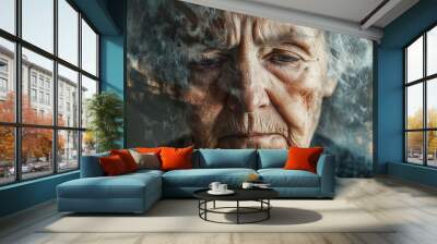 Portrait of sad depressed elderly woman. Double exposure photo of old lady suffering from depression and memory loss. Anxiety and loneliness in senior people. Wall mural