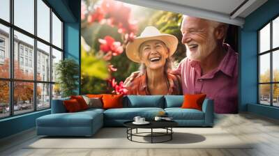 Senior hiker couple wearing casual clothes taking a walk in Hawaiian scenery. Adventurous elderly man and woman with backpacks. Hiking and trekking on a nature trail. Wall mural