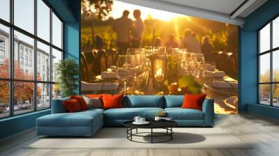 Stunning table arrangement for a wedding of festive event against a breathtaking backdrop of vineyards on summer sunset. Wall mural