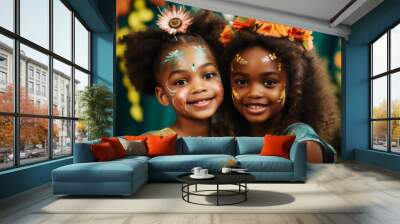 Two cute little black girls dressed as magic fairies have their faces painted with a facepaint. Children wearing costumes at a party outdoors. Wall mural