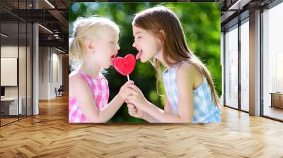 Two cute little sisters eating huge heart-shaped lollipop outdoors Wall mural