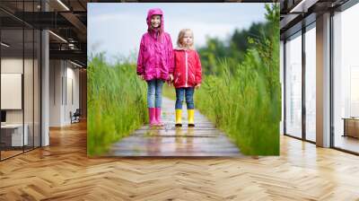 Two funny little sisters having fun during forest hike Wall mural