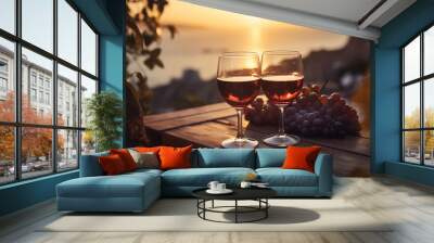 Two glasses of red wine in a restaurant overlooking beautiful mediterranean landscape on sunset. Generative AI. Wall mural