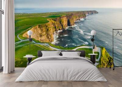 World famous Cliffs of Moher, one of the most popular tourist destinations in Ireland. Aerial view of known tourist attraction on Wild Atlantic Way in County Clare. Wall mural