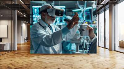 A man wearing a white lab coat is wearing a virtual reality headset, generative ai image. Wall mural