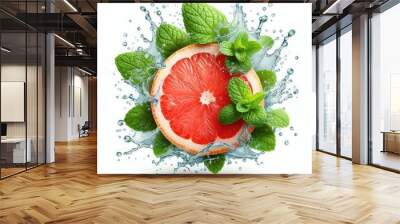 Grapefruit with mint and water splash isolated on white background Wall mural