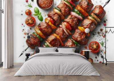 Tasty grilled Fried meat and shish kebab skewers with vegetables isolated on a white background Wall mural