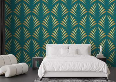 Art Deco Style Pattern Design With Golden Metallic Floral Motifs On Dark Teal Background. Vintage Art Deco Seamless Repeat Pattern For Wallpaper, Interior Design, Home Décor. Wall mural