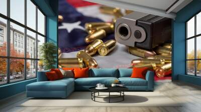 Detail of gun barrel with many bullets on American flag. Concept of gun control and carry of firearms in the USA. American guns and ammunition.  Wall mural