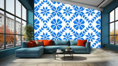 Folk Art seamless repeat pattern design with blue floral elements on white background. Eastern European traditional embroidery pattern. Wall mural