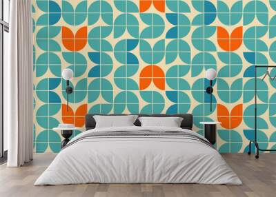 Mid century modern style seamless vector pattern with geometric floral shapes colored in orange, green turquoise and aqua blue. Retro geometrical pattern sixties style. Wall mural