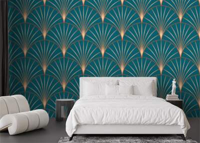 Vintage style elegant Art Deco Seamless Fan Pattern in copper metallic gradient on dark turquoise background. Retro style texture vector pattern. Wall mural