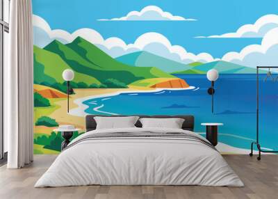 Beautiful Sea Panorama Beach Coast Bay Ocean Landscape vector Illustration Wall mural