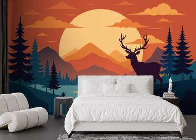 beautiful wildlife landscape with reindeer lake mountains and forest at sunset vector illustration Wall mural