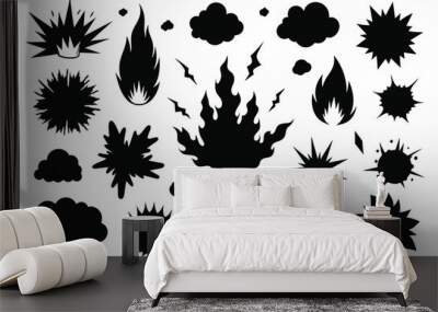 Fire flame manga explosion effect. Black ink hand drawn silhouettes anime graphic. Vector Wall mural