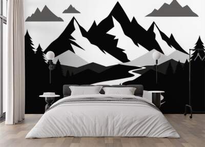 Landscape with silhouettes of mountains and Mountain river. Nature background. Vector illustration. Old style black and white mountain vector Wall mural