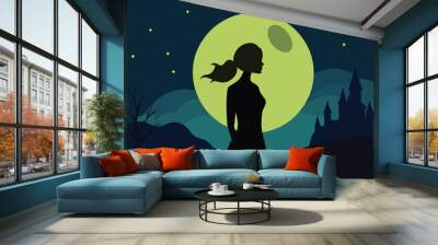 Night scene background with woman silhouette and full moon vector design Wall mural