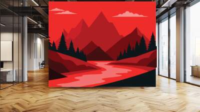 Red mountain landscape with clean sky, calm river and pine trees vector silhouettes Wall mural