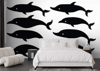 set of Baleen whale black silhouette vector on white background Wall mural