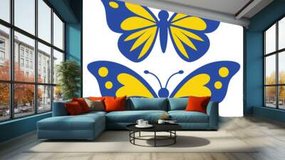 Set of contours of blue yellow monarch butterflies with different wings Wall mural