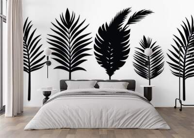 Set of palm leaves and branches black on white background Wall mural