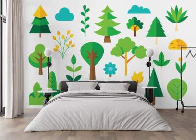 Set of trees for summer nature. Park and forest with green leaves. Plants of different shapes. Cartoon flat illustration Wall mural