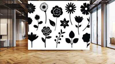 Single flower doodles drawing vector illustration. Spring flower outline set including a rose, sunflower daisy, hibiscus, peony, camellia Wall mural