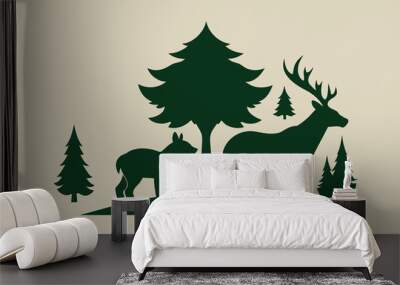 stylized nature animals. Collection of animal silhouettes with a forest. Logos of wild animals. Tattoo. Vector Wall mural