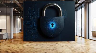 Digital padlock for computing system on dark blue background, cyber security technology for fraud prevention and privacy data network protection concept , AI generative  Wall mural