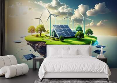 renewable energy background with green energy as wind turbines and solar panels Wall mural