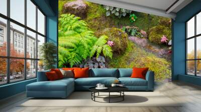 Stone and green moss decoration in japanese garden./ Panorama stone and green moss decoration in japanese cozy home flower garden after rain. Wall mural