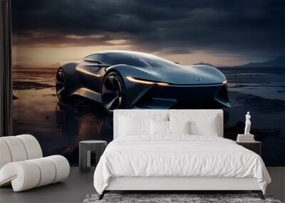 AI generated illustration of a futuristic sports car parked outdoors at a rainy gloomy night Wall mural