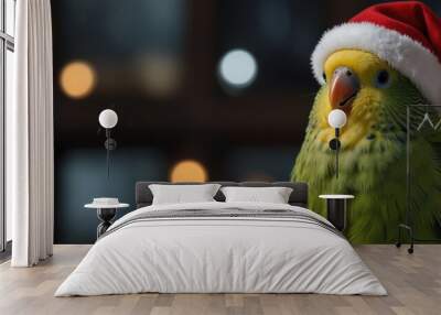 A green and yellow parakeet with a red Santa hat on its head, looking to the left. There are warm colored lights in the background. Wall mural